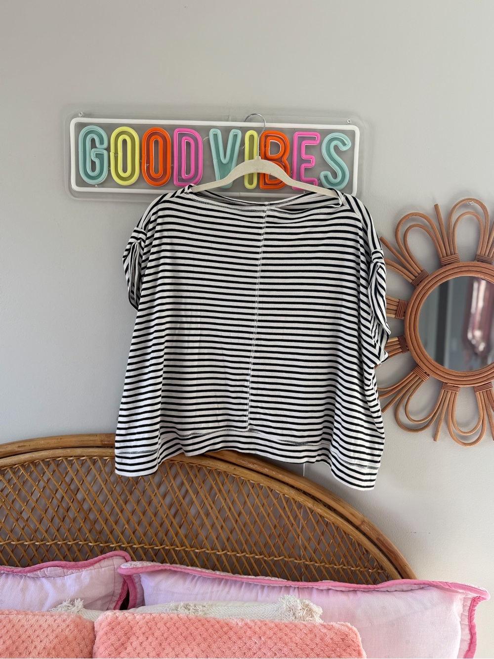 By Together / Anthropologie Black & White Striped Boatneck Short Sleeve Top